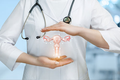Doctor with holographic illustration of female reproductive system — Gynecology Clinic